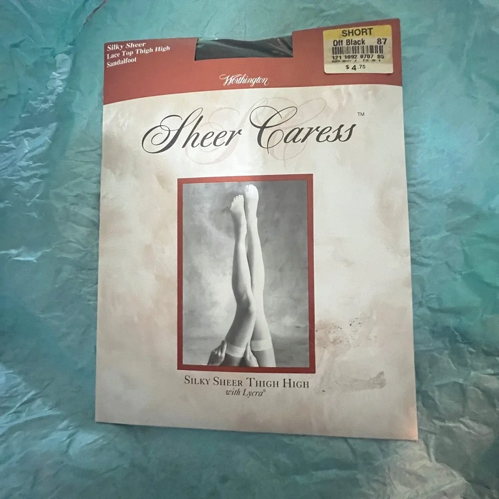 Worthington Sheer Caress Thigh High Stockings Off Black Short Lace Top 20 Denier